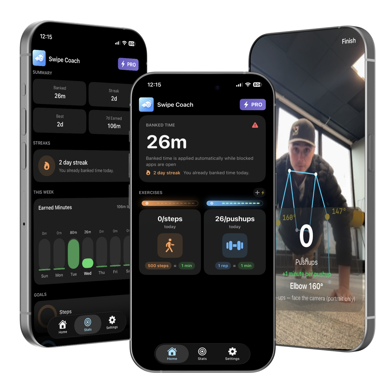 Swipe Coach app on iPhone – bank time, track exercises, see stats